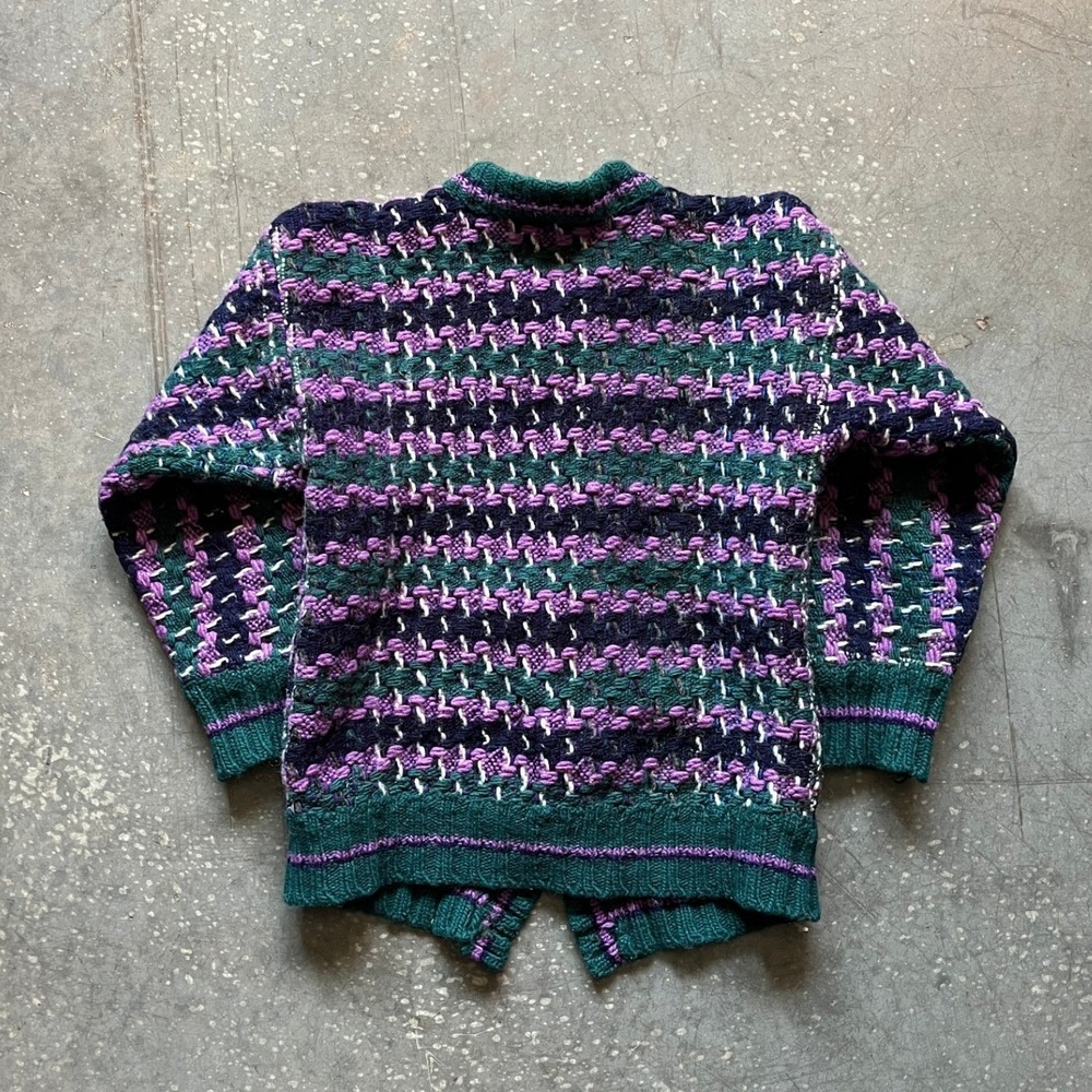 Vintage Hand Made Women's Chunky Knit Cardigan Purple Green Houndstooth Pattern - Picture 3 of 5